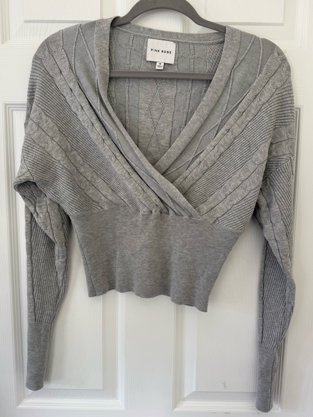 Pink Rose Gray Cable Crossover V-Neck Sweater